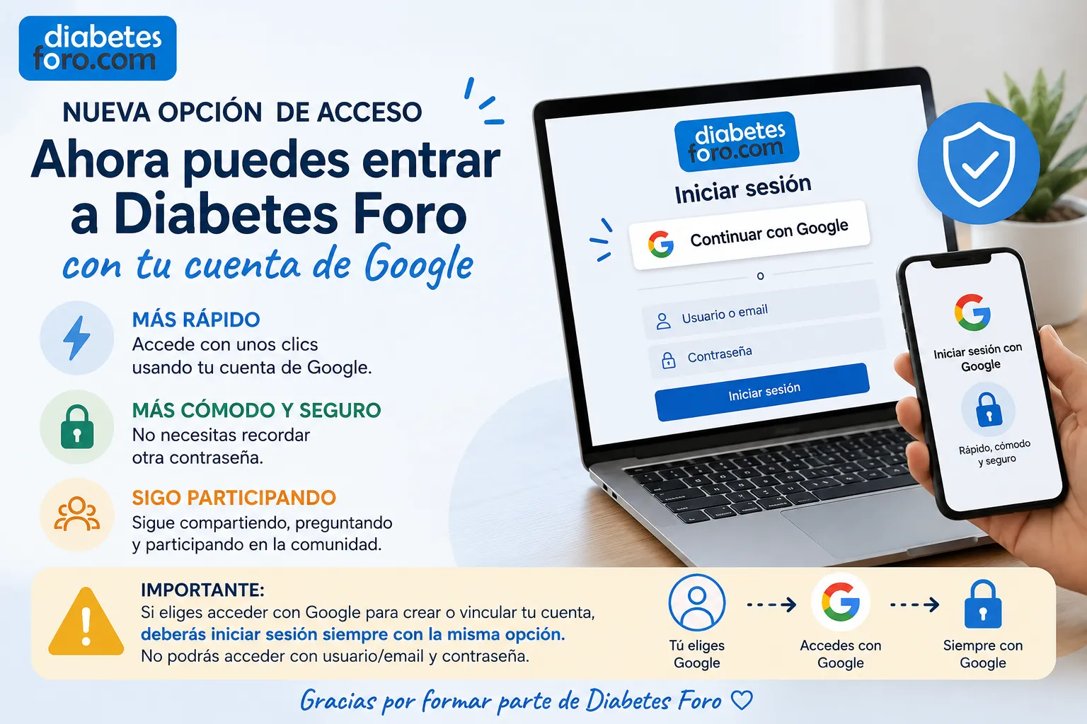 {'en': 'You can now access Diabetes Forum with your Google account', 'es': 'Ya puedes acceder a Diabetes Foro con tu cuenta de Google'} Image